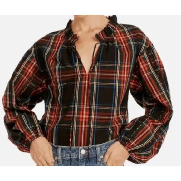 NWT J. Crew Scalloped Tie Neck Top in Stewart Tartan Plaid Sz XS Holiday Preppy - Picture 2 of 9